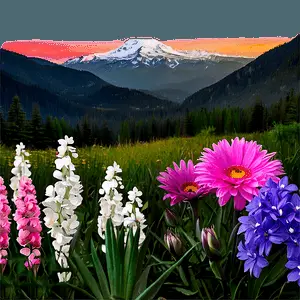 Aesthetic Flowers with Mountain Background PNG 06282024