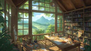 Aesthetic Study Room in Nature with Bookshelves Wallpaper