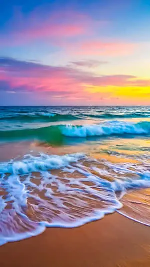 Beautiful sunset sky reflecting on ocean waves crashing onto a sandy beach at dusk