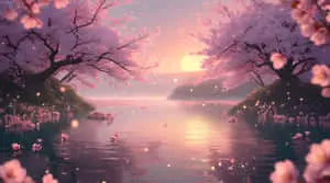 beautiful view of blossoms tree and lake