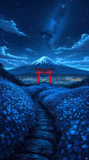 Fuji with Torii Gate and Blue Flower Field