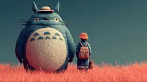 Giant Ghibli-Style Totoro and Child in a Red Grassy Field