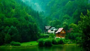 a lake with houses and trees in the background