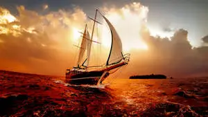 A beautiful ship silhouetted against a vibrant sunset