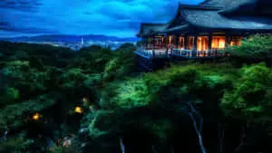 Japanese Building By The Mountains Desktop