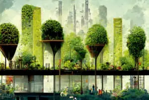 a city with trees on top of buildings