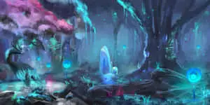 a painting of a forest with trees and a blue light