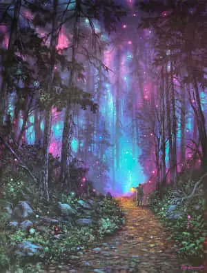 a painting of a path in the forest with stars