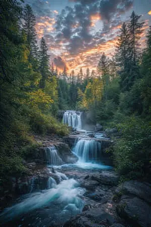 Majestic Nature 4K Waterfall in a Serene Forest & Sunset Mountains