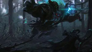 a dark forest with a demon in the middle